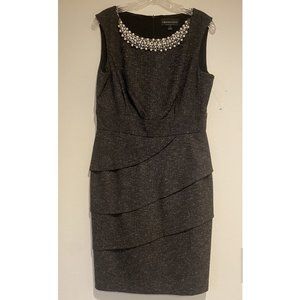 Connected Apparel Layered Front Faux Pearl Neck Dress - Black NWOT